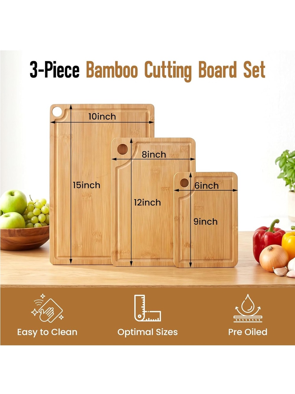 3-Piece Bamboo Cutting Board Set - Natural Bamboo